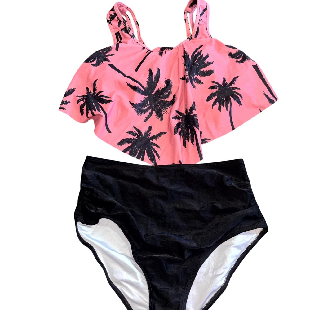 PatPat Ruffle Swimsuit Tankini Set Womens Small Pink Black Palm Tree Stretch